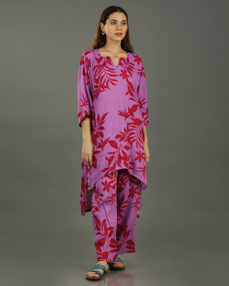 Redscape High-Low Cotton Kurta Set – Lavender & Red Print