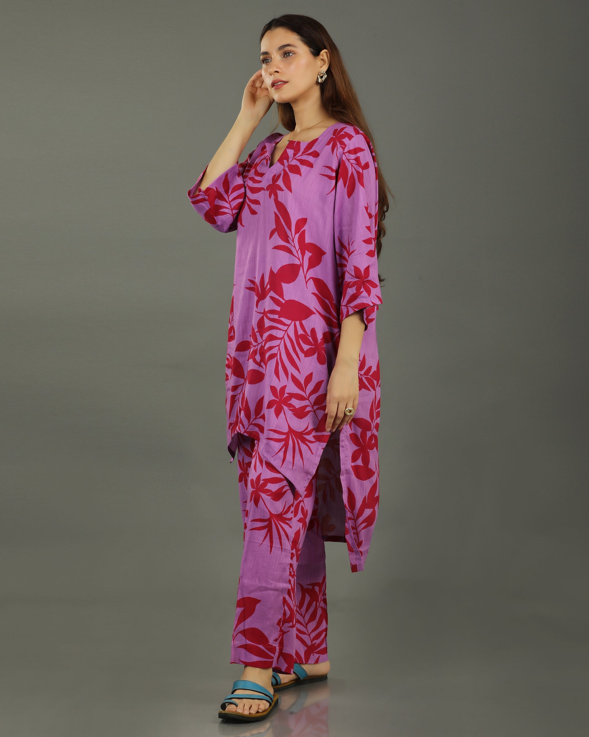 Redscape High-Low Cotton Kurta – Lavender & Red Print