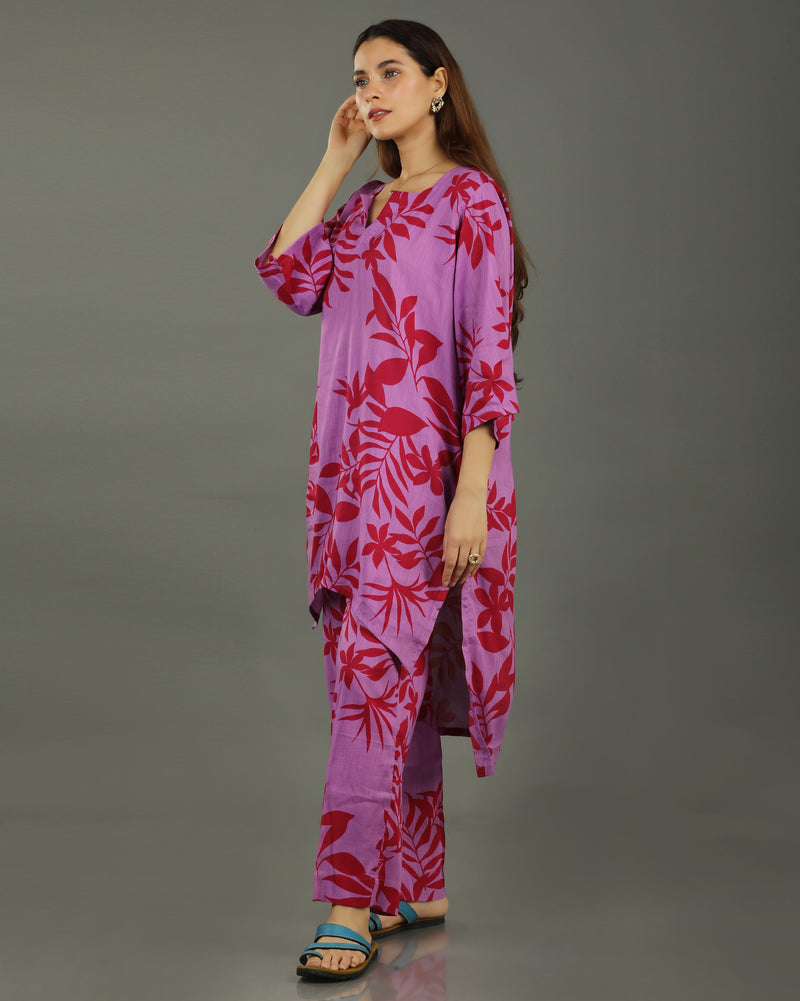 Redscape High-Low Cotton Kurta Set – Lavender & Red Print