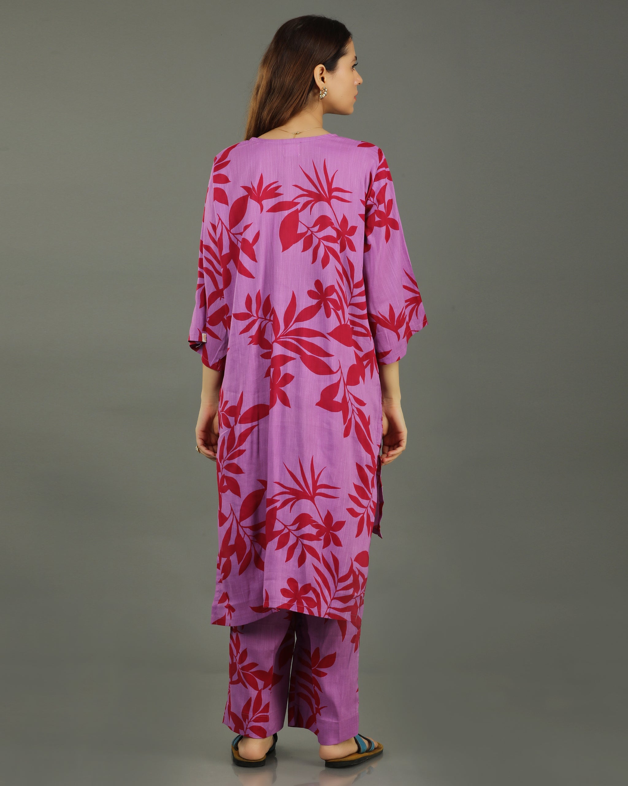 Redscape High-Low Cotton Kurta – Lavender & Red Print