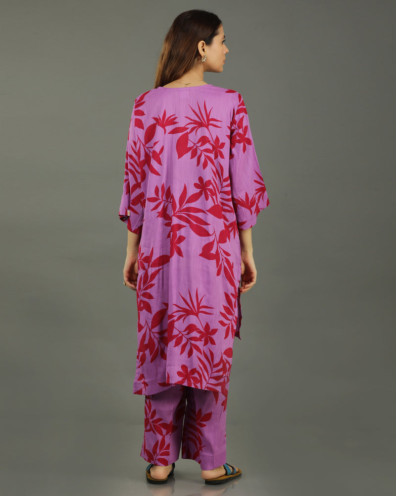 Redscape High-Low Cotton Kurta Set – Lavender & Red Print