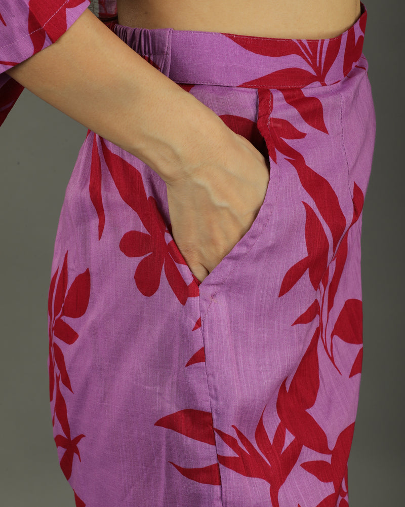 Redscape High-Low Cotton Kurta Set – Lavender & Red Print