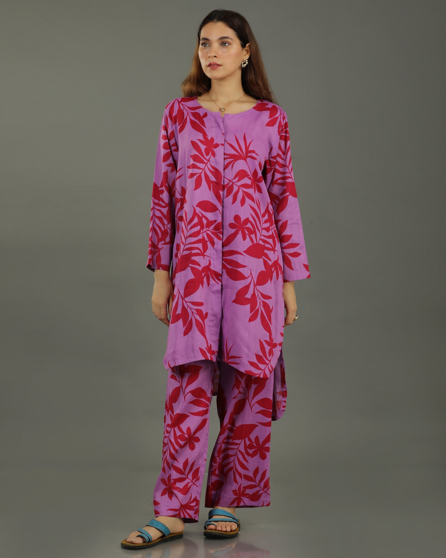 Redscape High-Low Front Buttoned Cotton Kurta Set– Lavender & Red Print