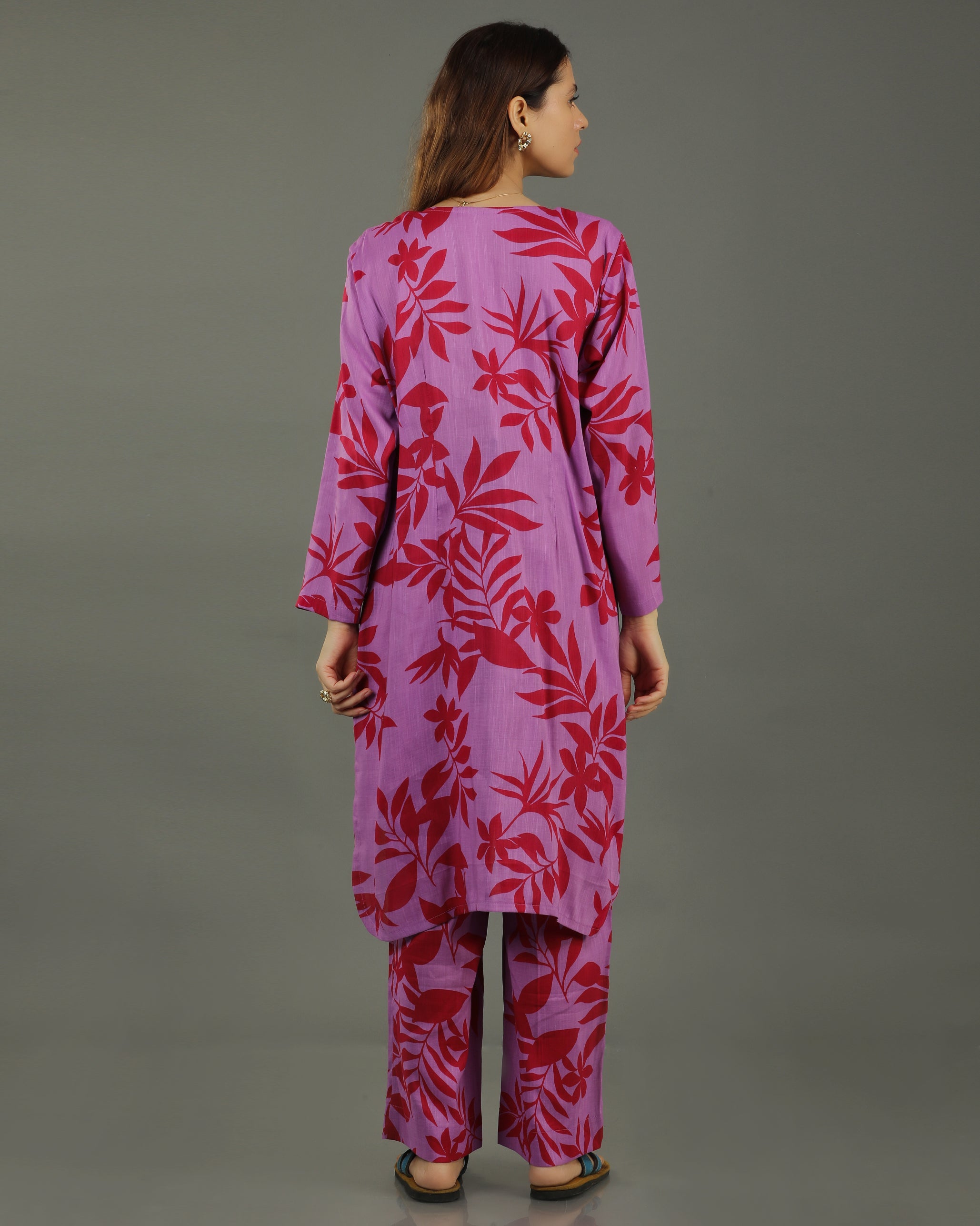 Redscape High-Low Front Buttoned Cotton Kurta – Lavender & Red Print