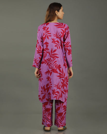 Redscape High-Low Front Buttoned Cotton Kurta – Lavender & Red Print