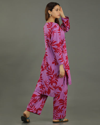 Redscape High-Low Front Buttoned Cotton Kurta Set– Lavender & Red Print