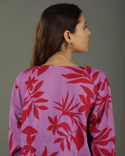 Redscape High-Low Front Buttoned Cotton Kurta Set– Lavender & Red Print