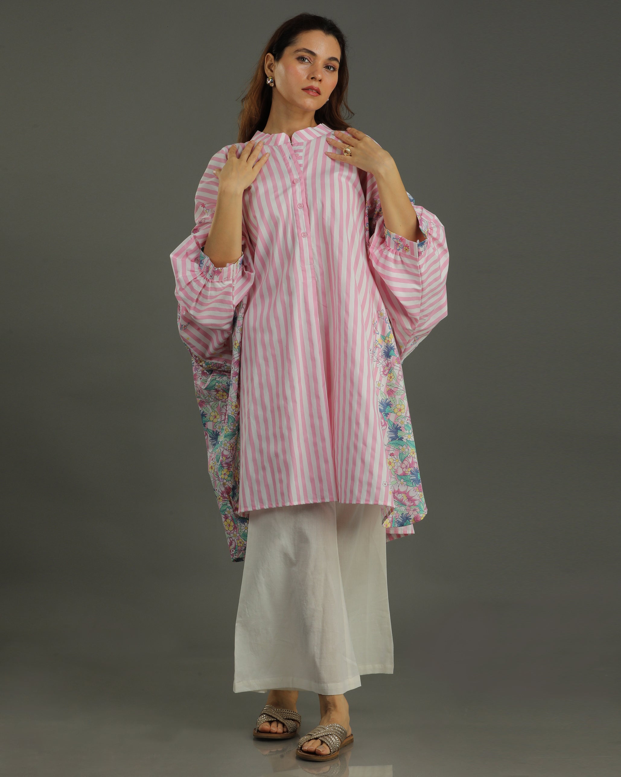 Bloom Balloon Oversized Cotton Coord Set – Pink Stripes Print