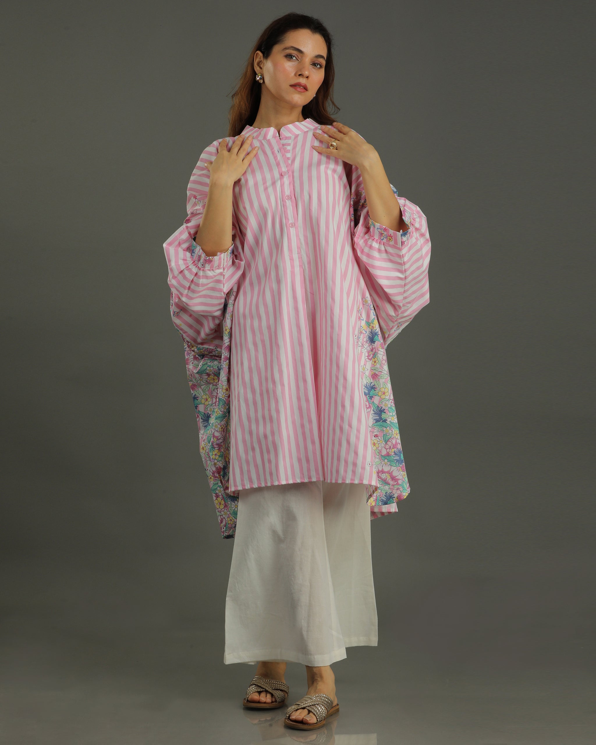 Bloom Balloon Oversized Cotton Coord Set – Pink Stripes Print
