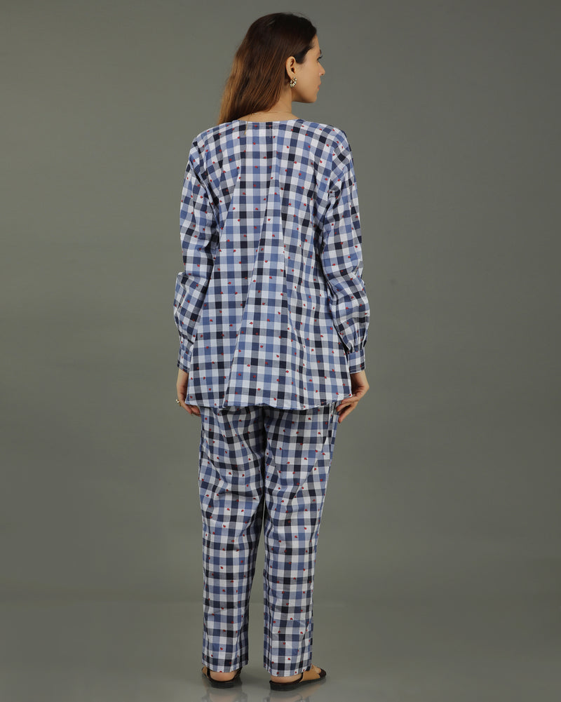 Gingham Short Pleated Cotton Coord Set – Indigo Checks Print
