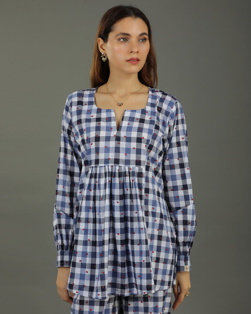 Gingham Short Pleated Cotton Top – Indigo Checks Print
