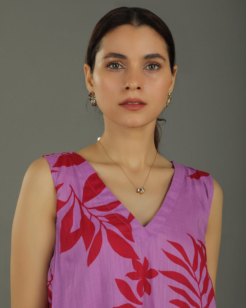 Redscape Short Sleeveless Cotton Kurta Set – Lavender & Red Print