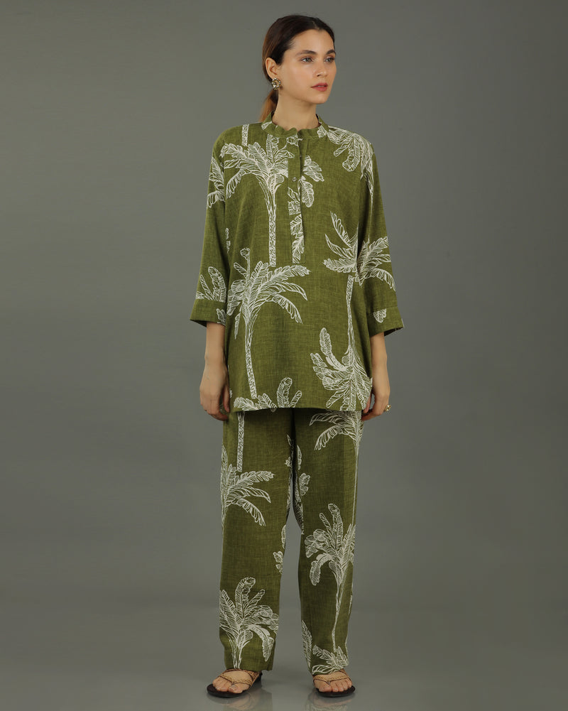 Palm Short Cotton Kurta – Olive Print