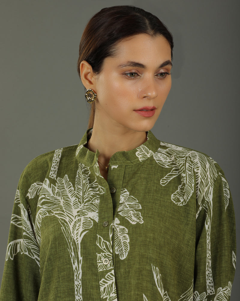 Palm Short Cotton Kurta Set – Olive Print