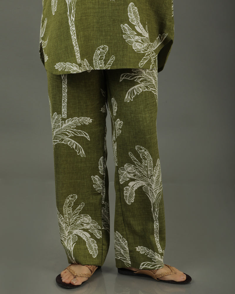 Palm Short Cotton Kurta Set – Olive Print