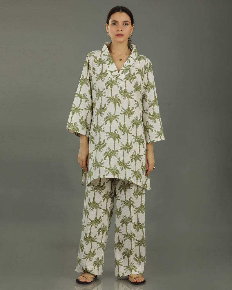 Tropical Mid-Length V-Neck Cotton Kurta Set – White & Olive Print