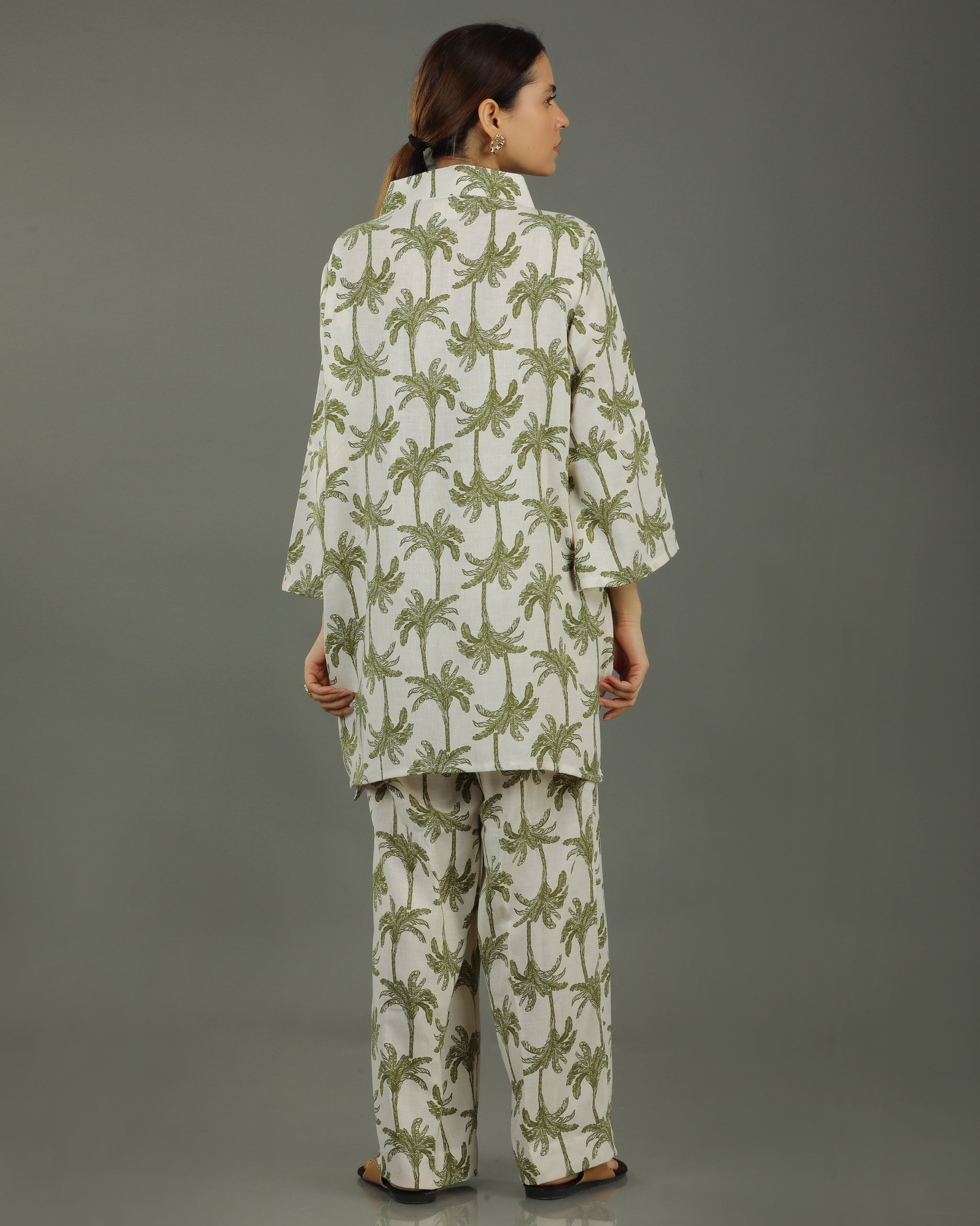 Tropical Mid-Length V-Neck Cotton Kurta – White & Olive Print