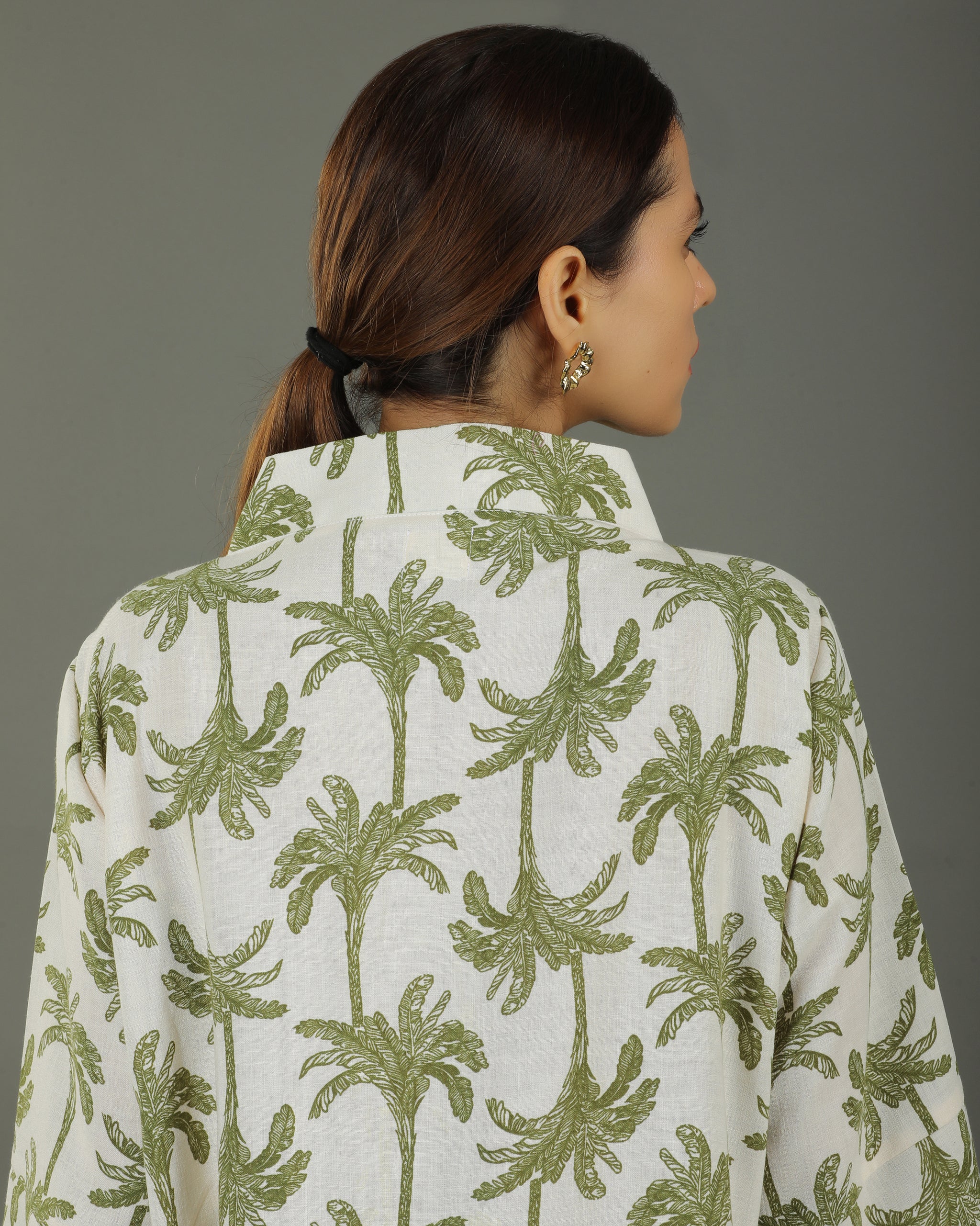 Tropical Mid-Length V-Neck Cotton Kurta – White & Olive Print