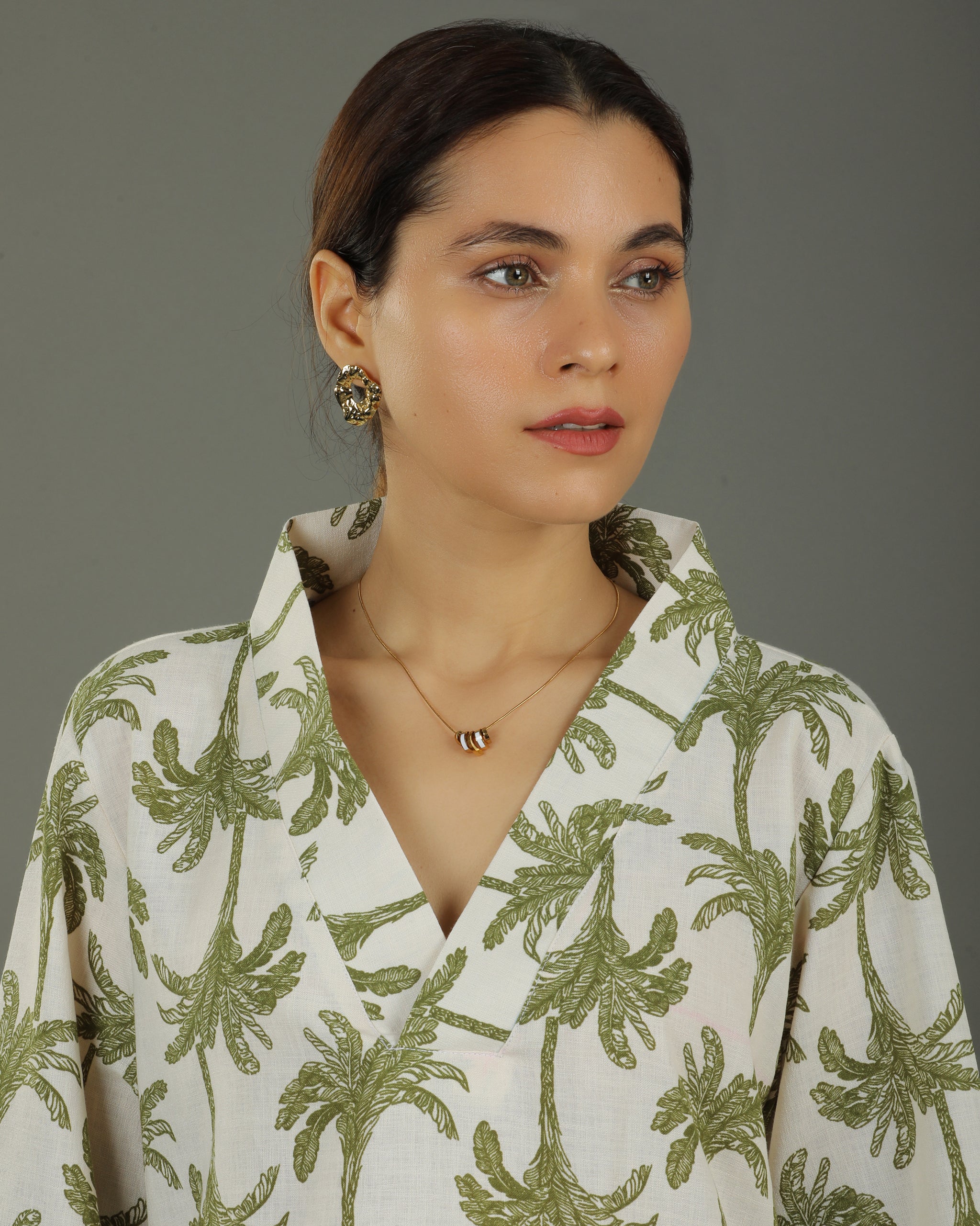 Tropical Mid-Length V-Neck Cotton Kurta – White & Olive Print