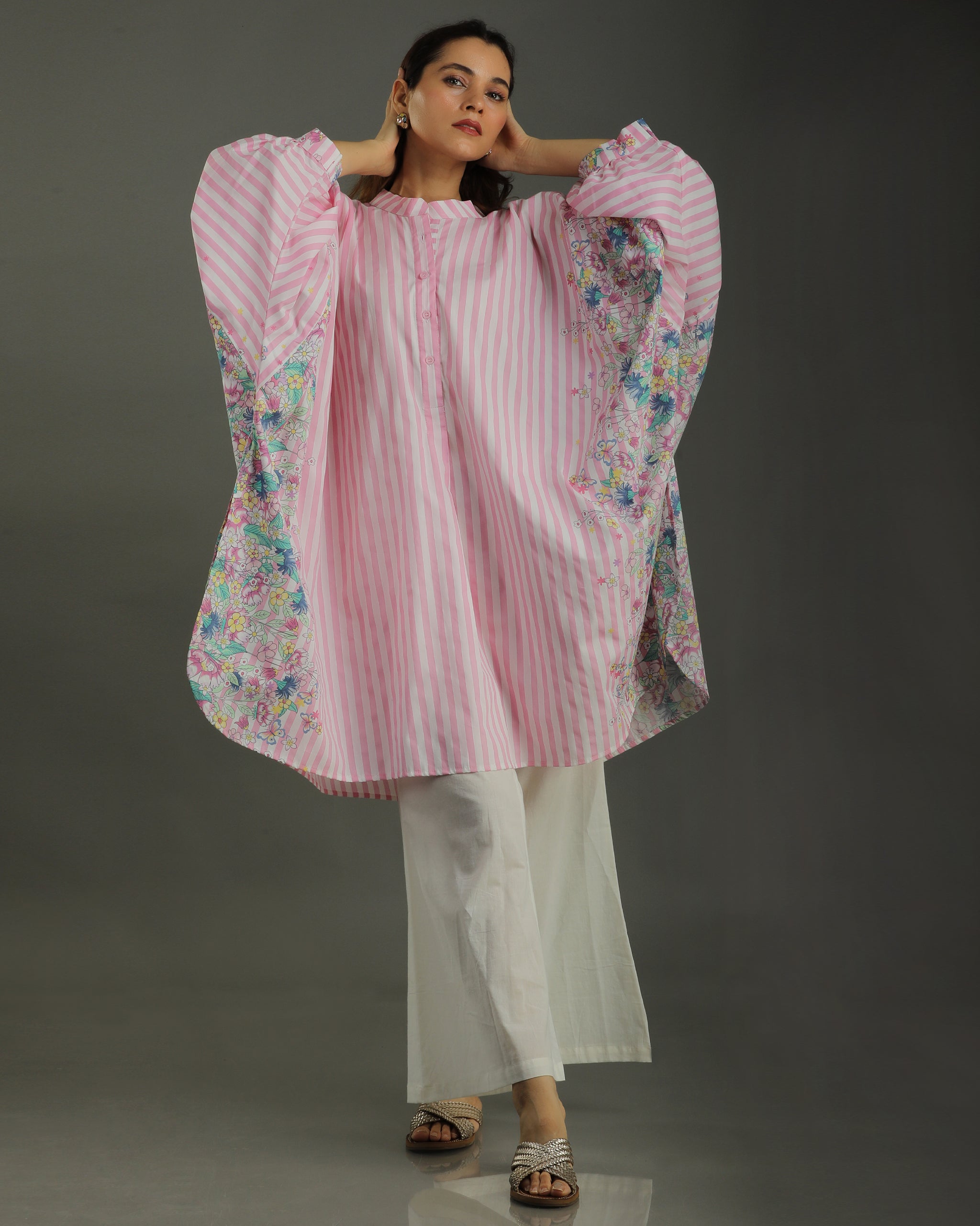 Bloom Balloon Oversized Cotton Coord Set – Pink Stripes Print