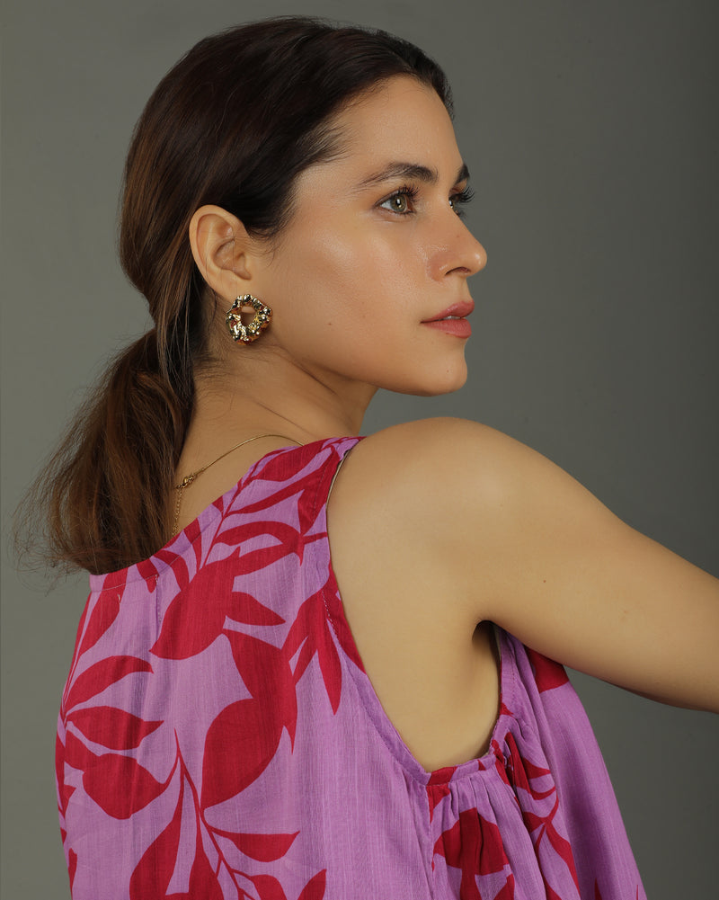Redscape Short Sleeveless Cotton Kurta Set – Lavender & Red Print