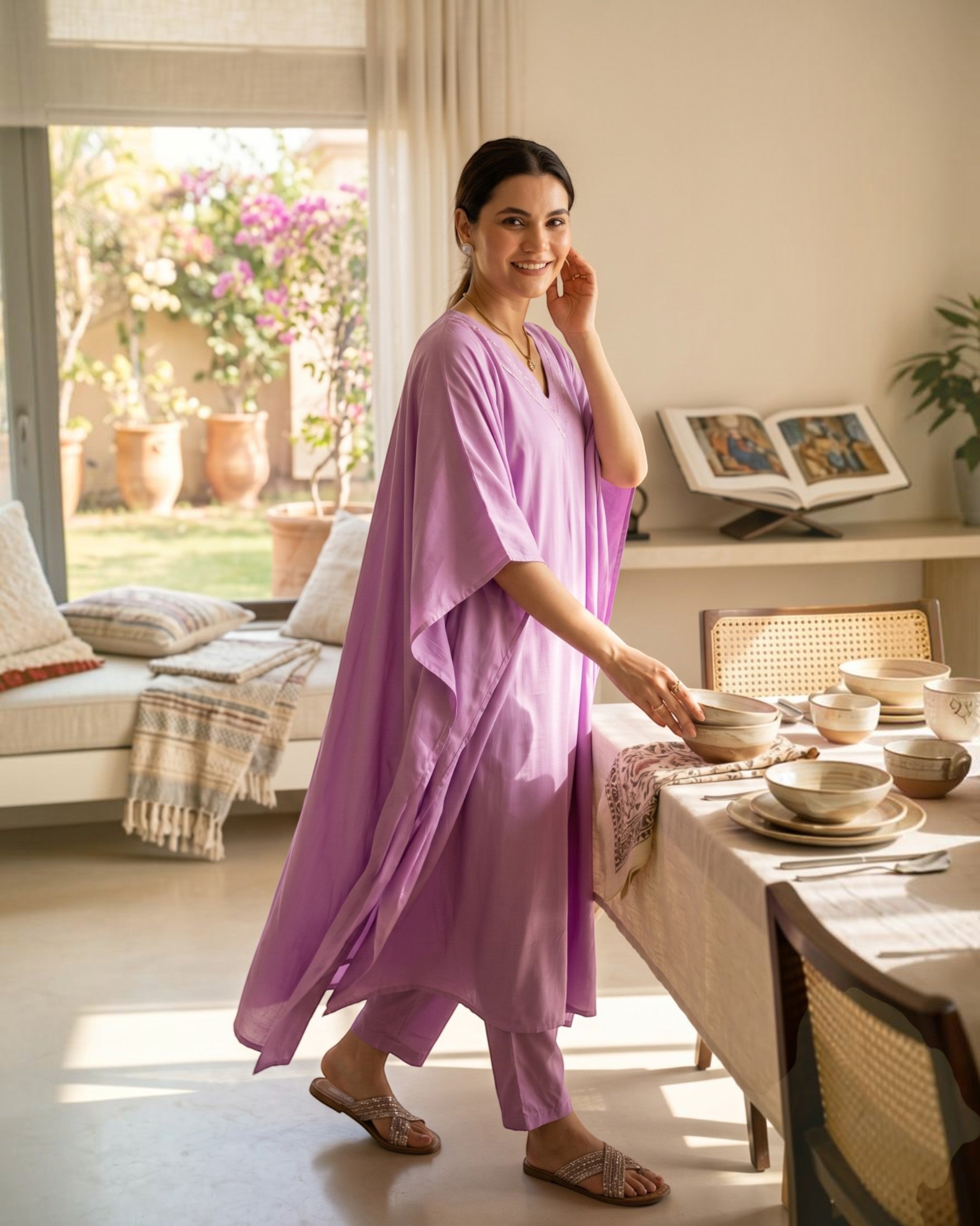 Noor Kaftan Satin Cotton Kurta Set – Deep Lavender