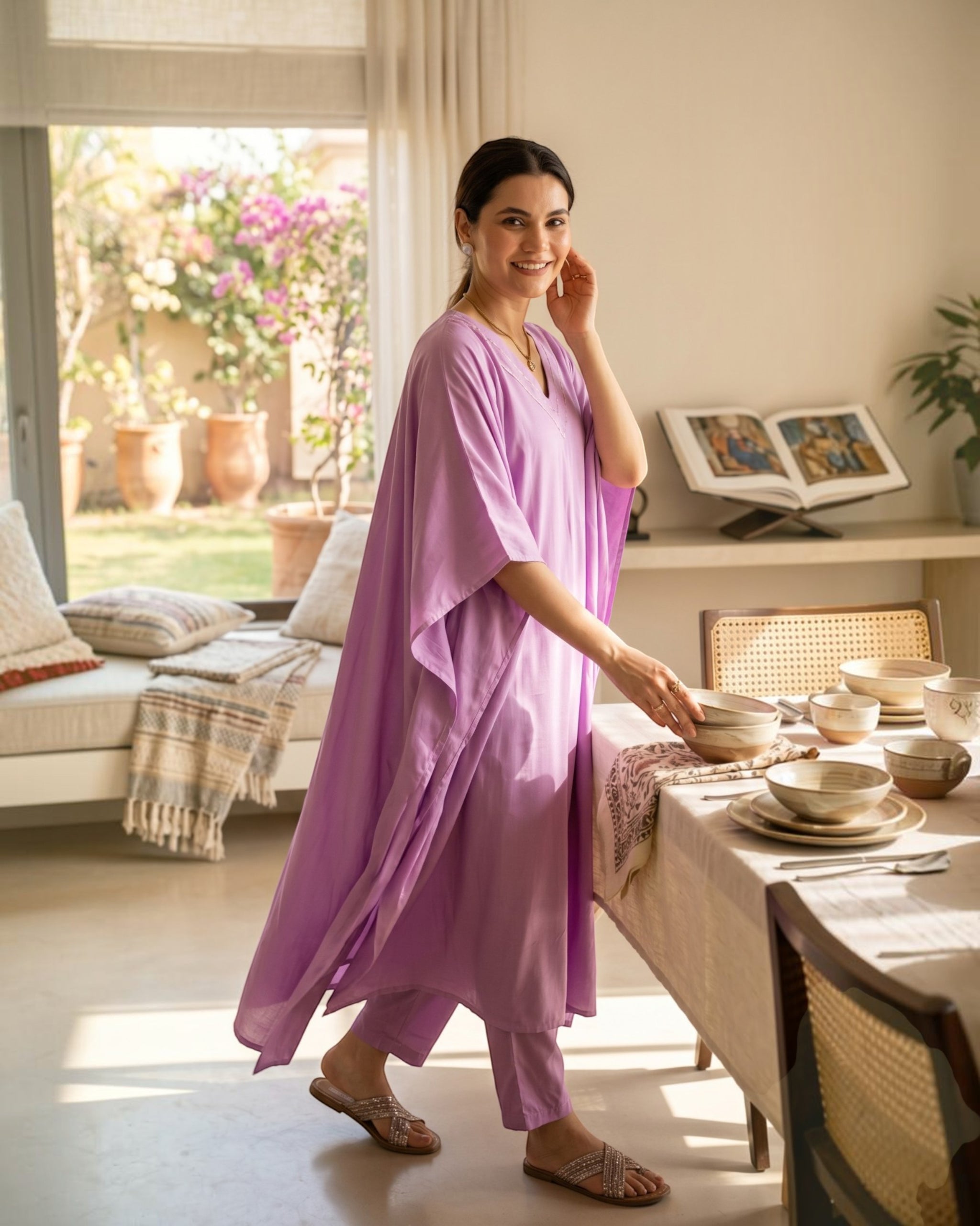 Noor Kaftan Satin Cotton Kurta Set – Deep Lavender