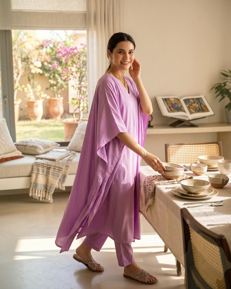 Noor Kaftan Satin Cotton Kurta Set – Deep Lavender