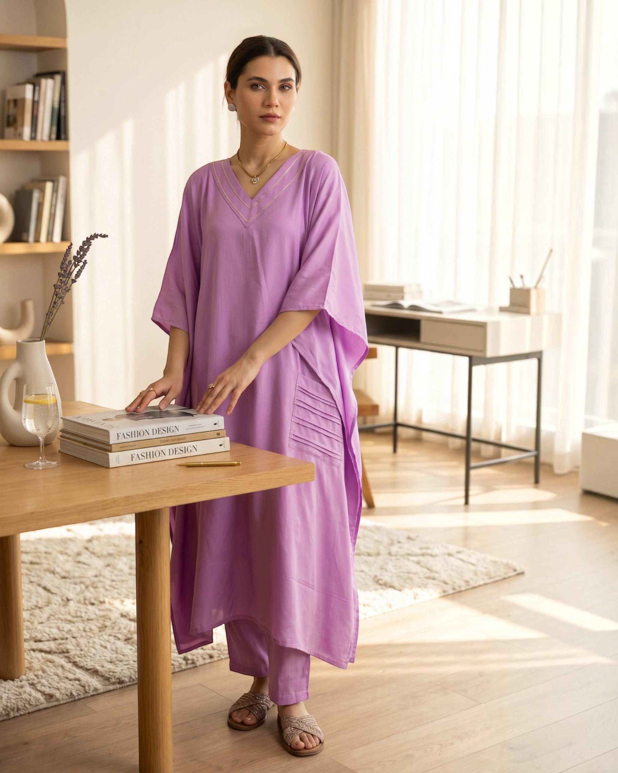 Noor Kaftan Satin Cotton Kurta Set – Deep Lavender