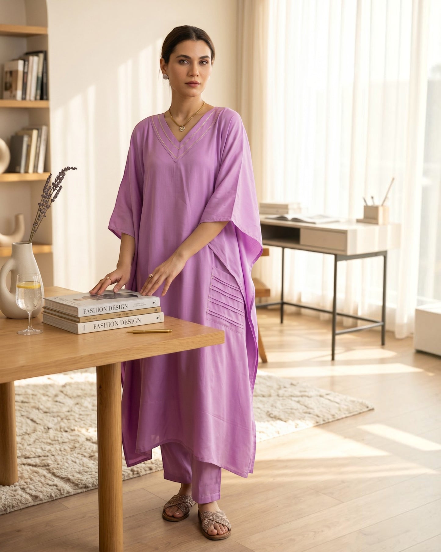 Noor Kaftan Satin Cotton Kurta Set – Deep Lavender