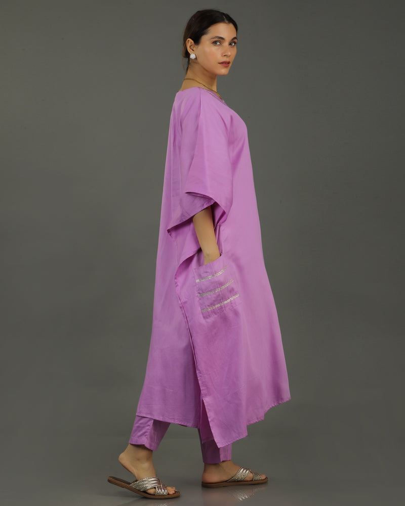 Noor Kaftan Satin Cotton Kurta Set – Deep Lavender