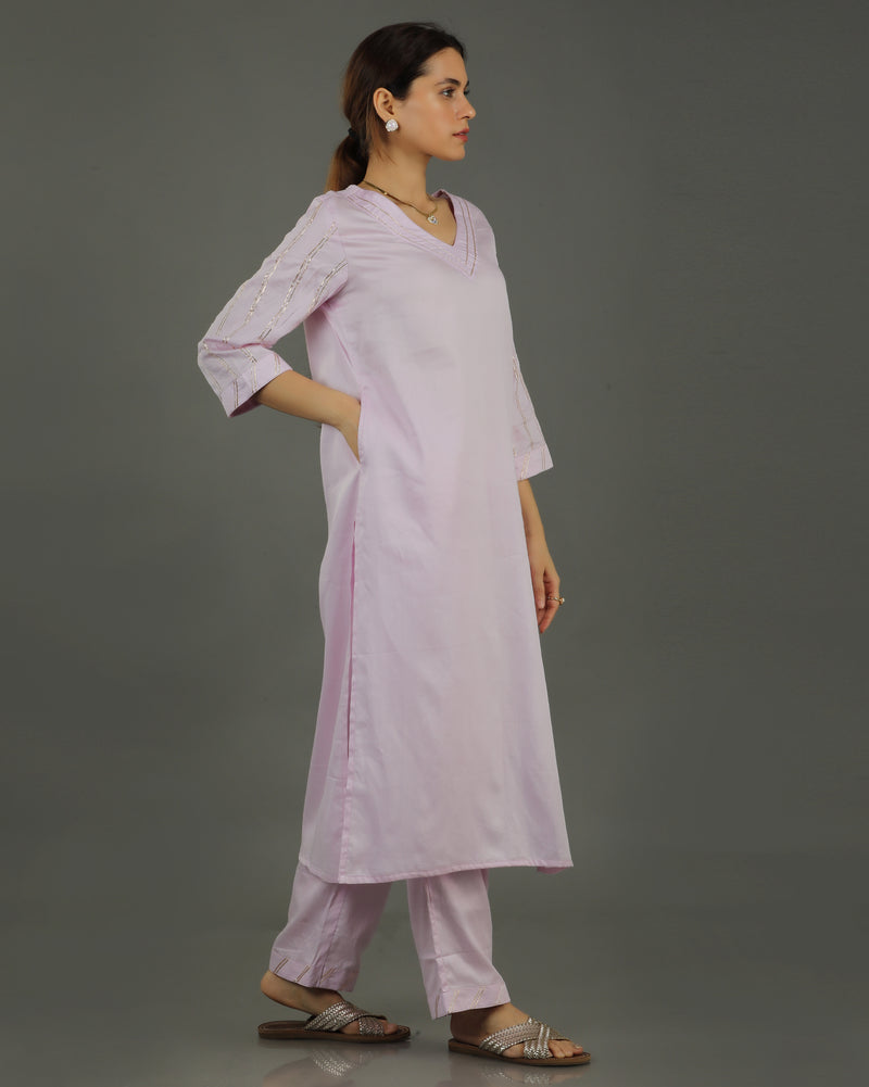 Noor Straight Satin Cotton Kurta Set – Soft Lavender
