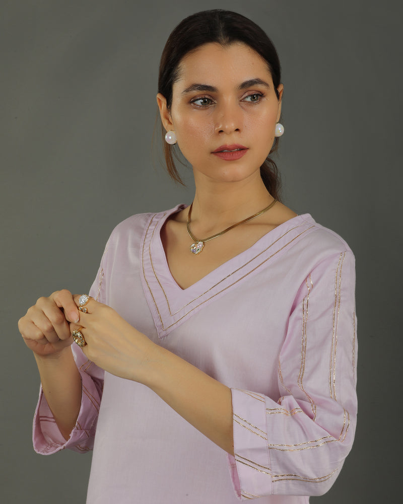 Noor Straight Satin Cotton Kurta Set – Soft Lavender