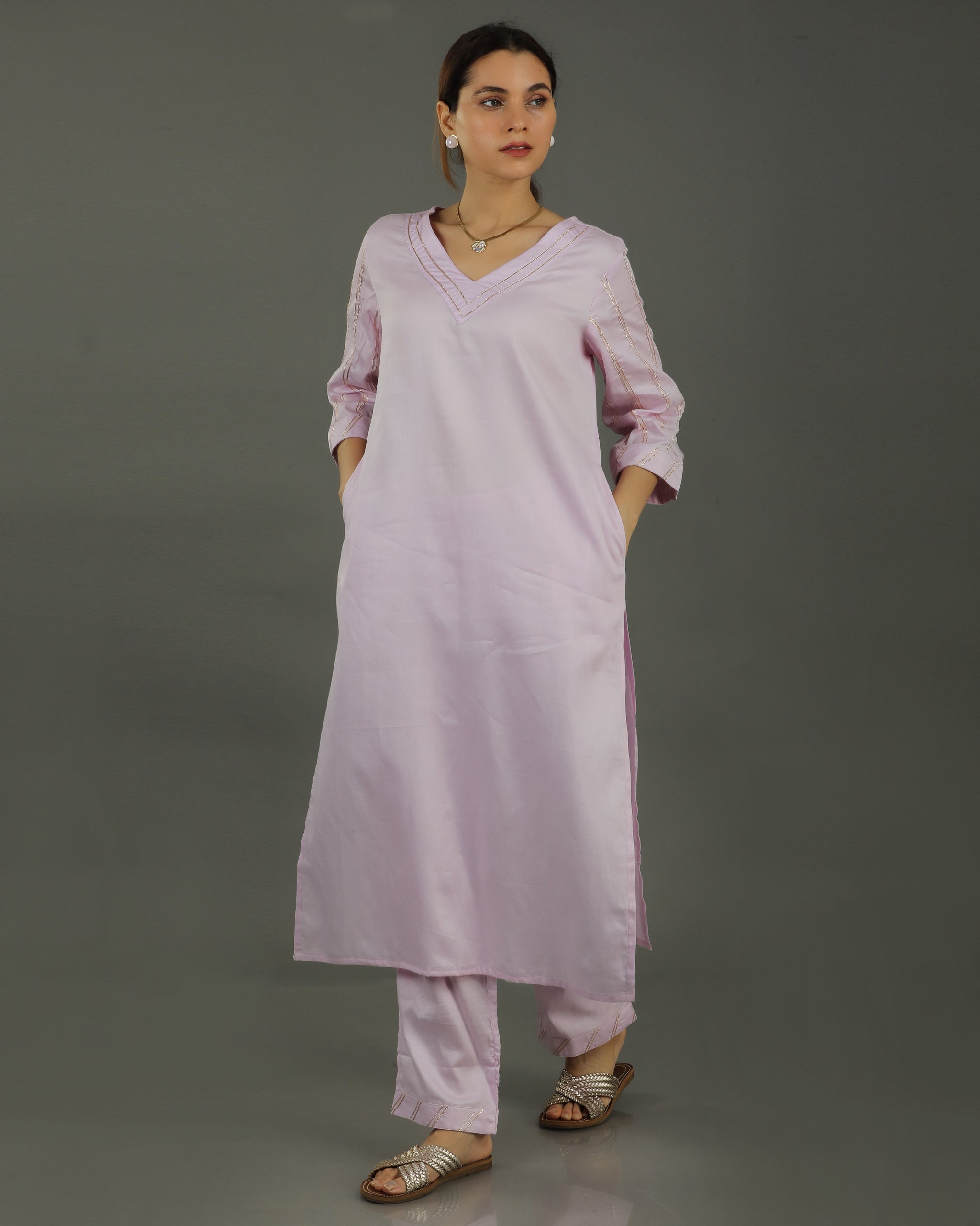 Noor Straight Satin Cotton Kurta – Soft Lavender