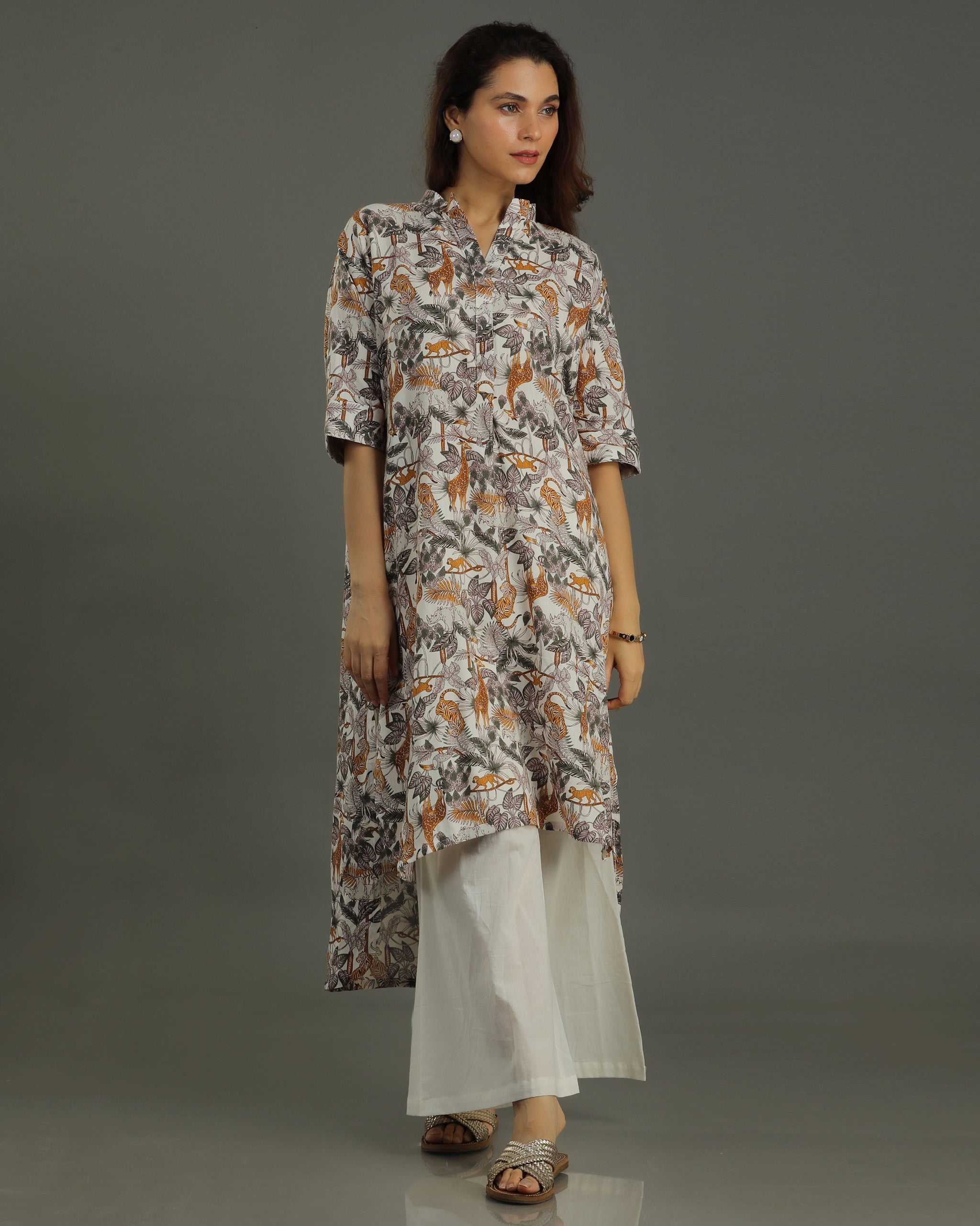 Safari High-Low Cotton Kurta – Off-White Print