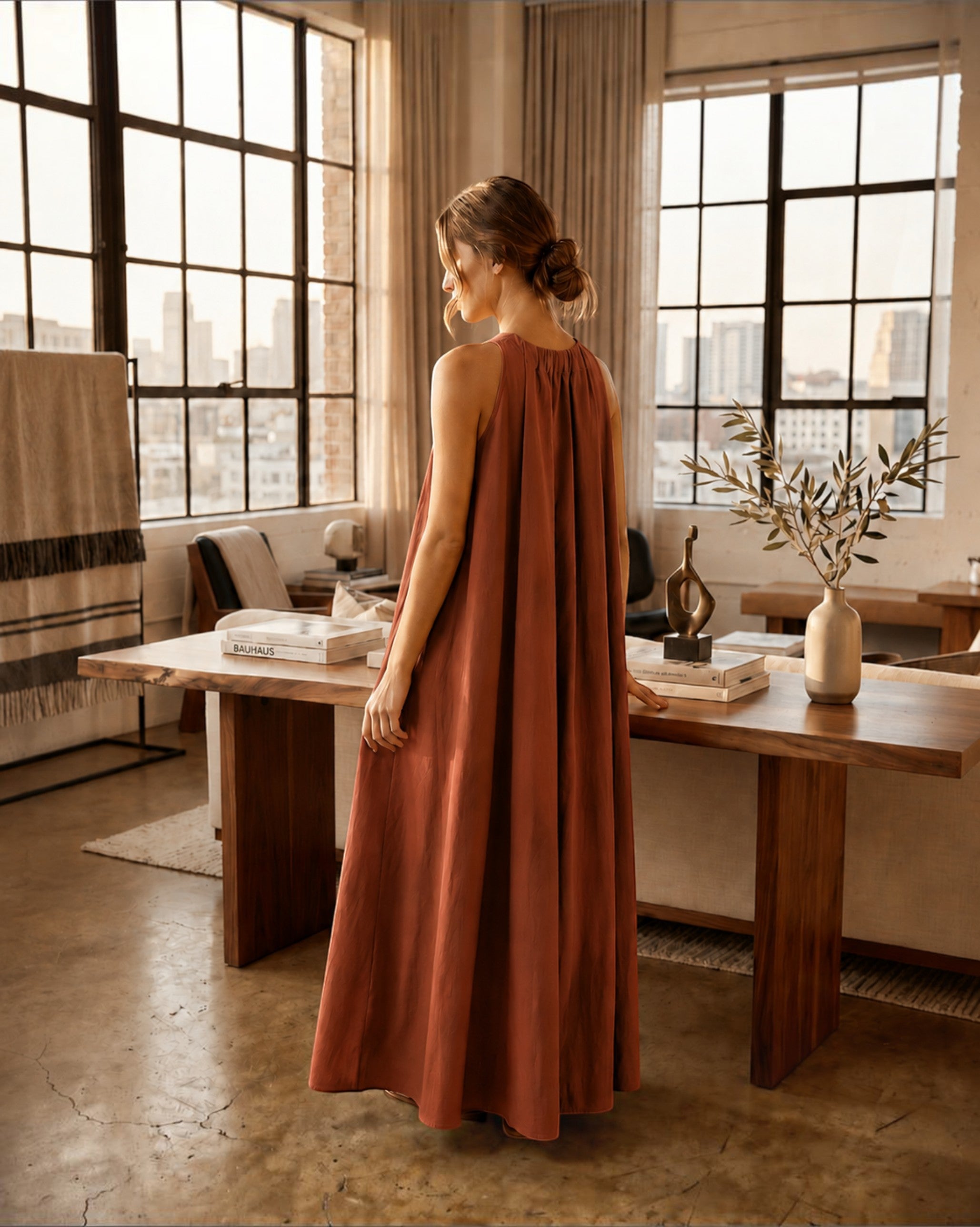 Amber Drift Long A-line Cotton Dress – Rust