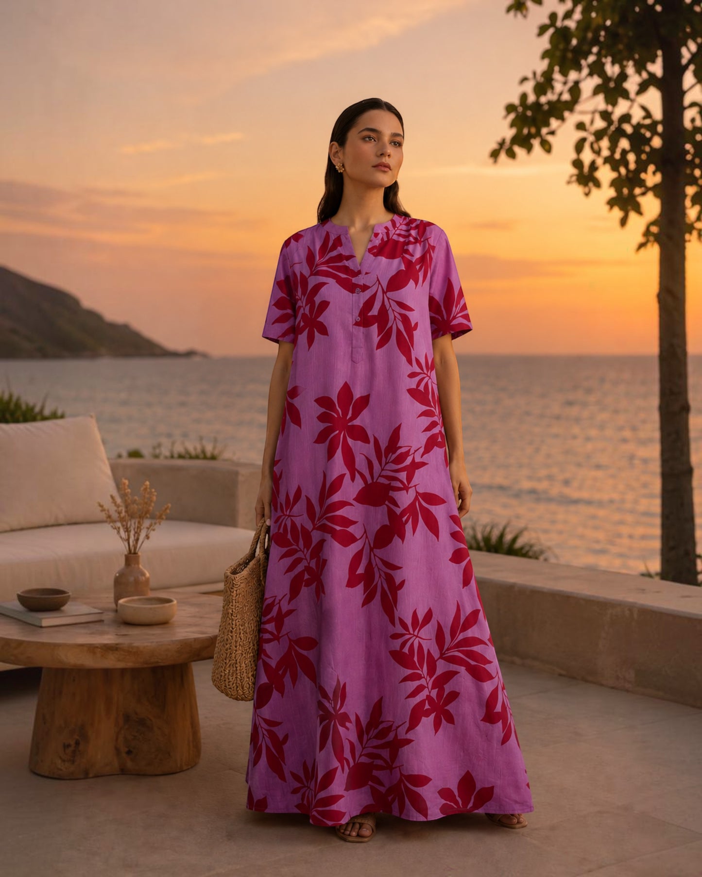 Redscape Long A-line Cotton Dress – Lavender & Red Print