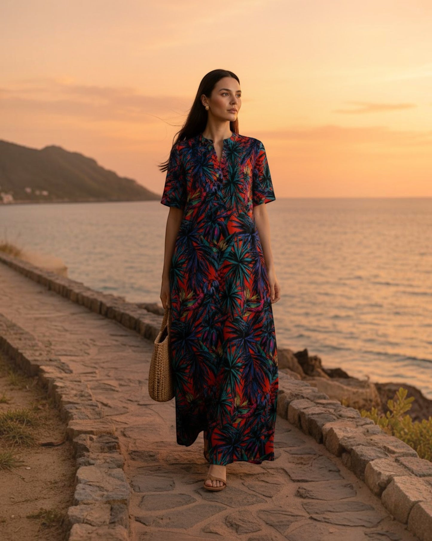 Sunset Long A-line Cotton Dress – Multicolor Print