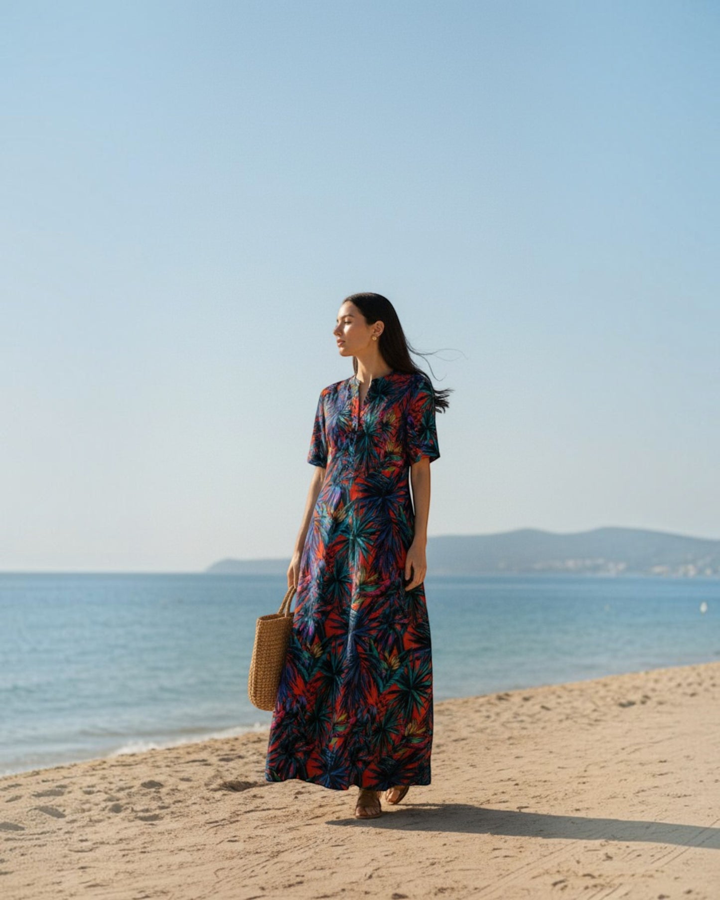 Sunset Long A-line Cotton Dress – Multicolor Print