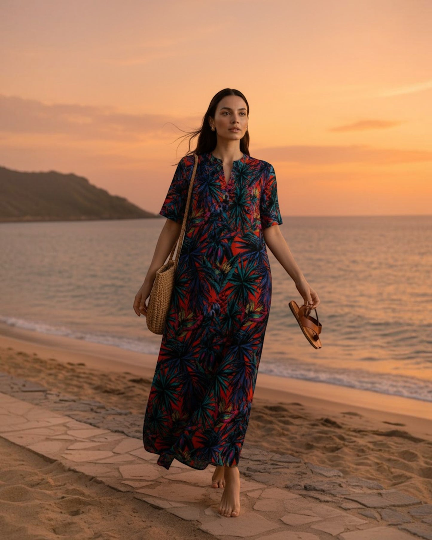 Sunset Long A-line Cotton Dress – Multicolor Print