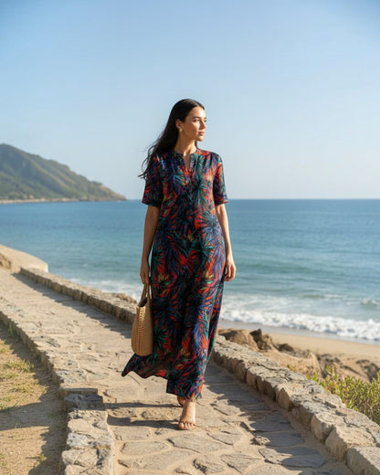 Sunset Long A-line Cotton Dress – Multicolor Print