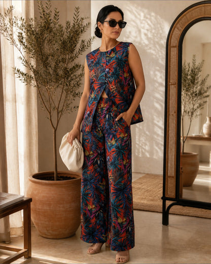 Sunset Short Front Slit Sleeveless Cotton Coord Set – Multicolor Print