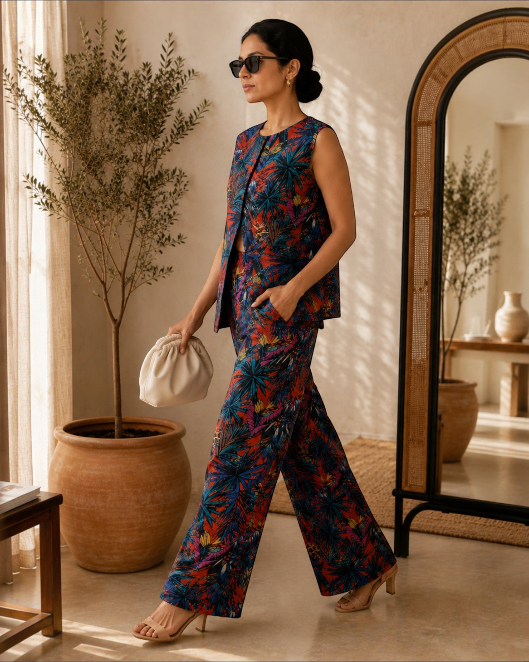 Sunset Short Front Slit Sleeveless Cotton Coord Set – Multicolor Print