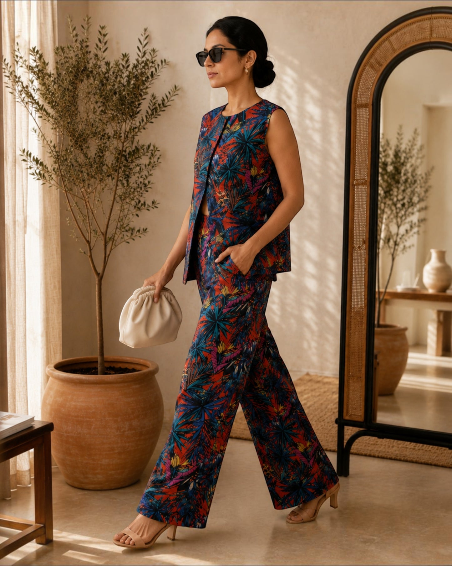 Sunset Short Front Slit Sleeveless Cotton Coord Set – Multicolor Print
