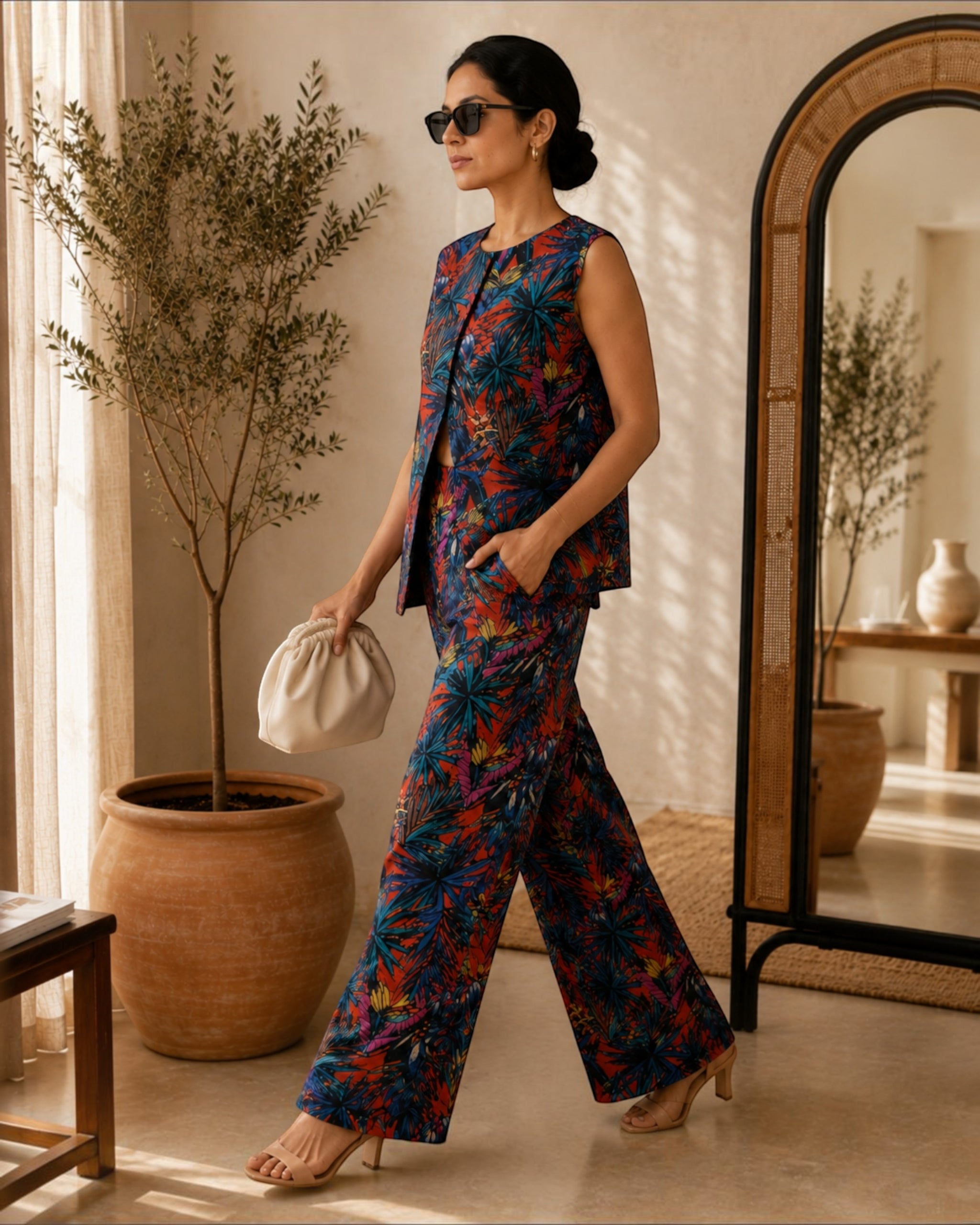 Sunset Short Front Slit Sleeveless Cotton Coord Set – Multicolor Print