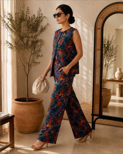 Sunset Short Front Slit Sleeveless Cotton Coord Set – Multicolor Print