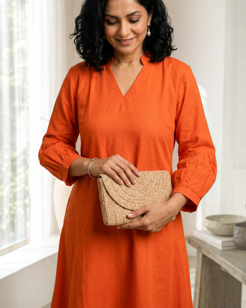 Rustline Midi A-line Cotton Dress - Rust