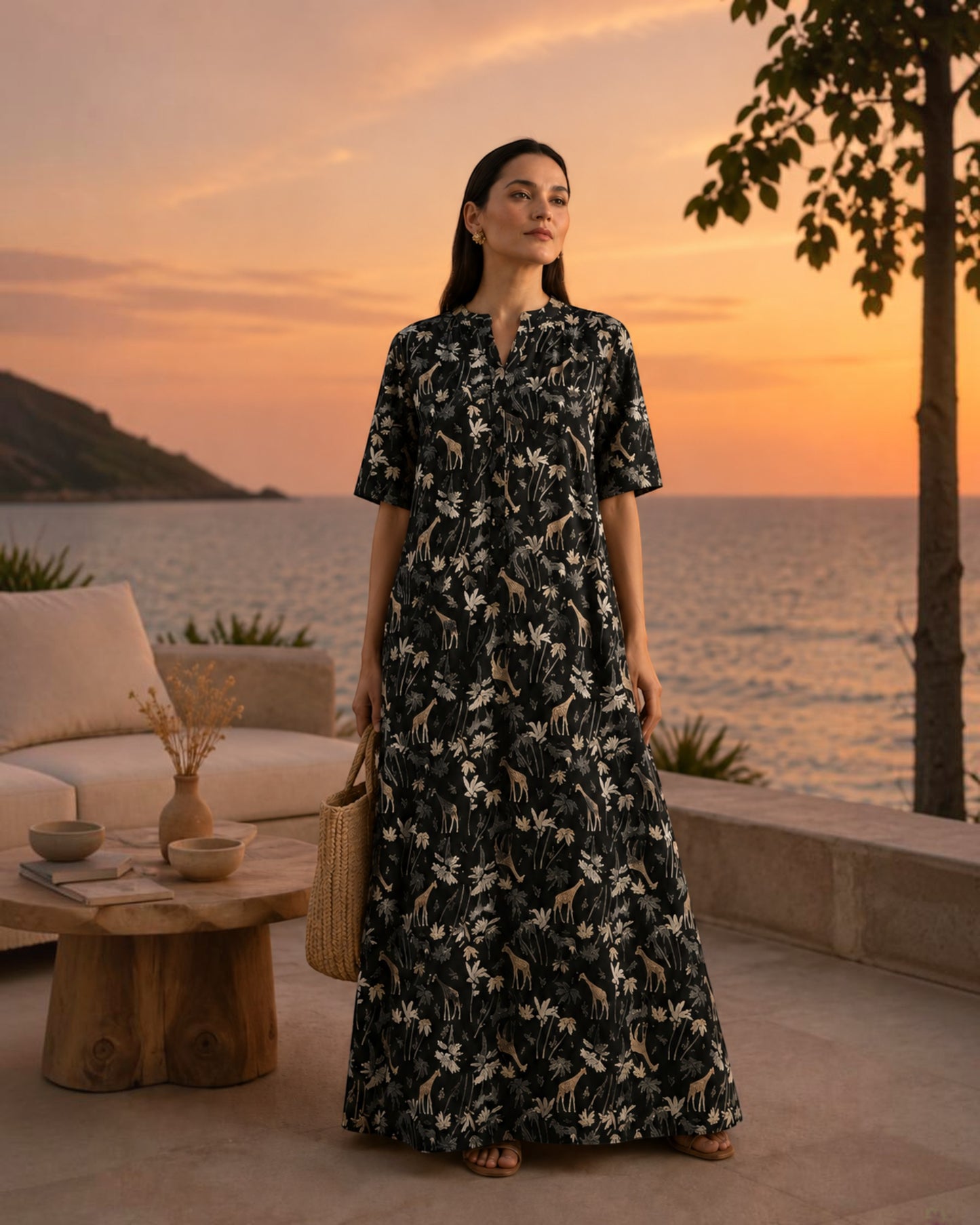 Reverie Long Length Cotton Dress – Black Print