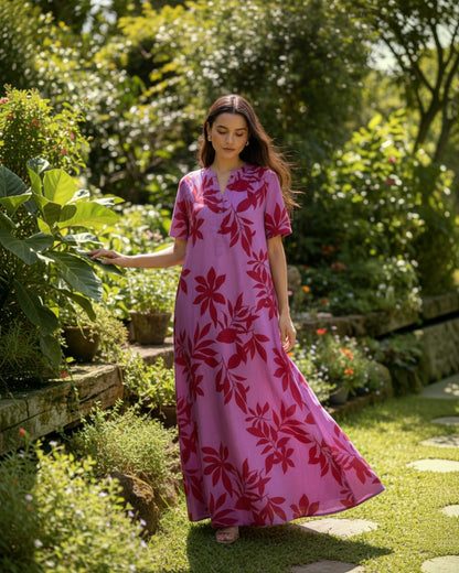 Redscape Long A-line Cotton Dress – Lavender & Red Print