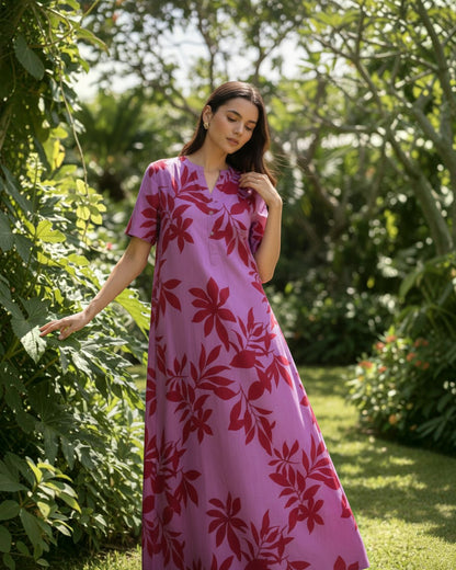 Redscape Long A-line Cotton Dress – Lavender & Red Print
